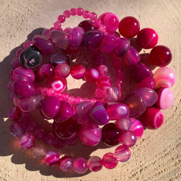 Natural Pink Striped Agate & Genuine Tourmaline Pink Quartz Gemstone Bracelet - Picture 6 of 15